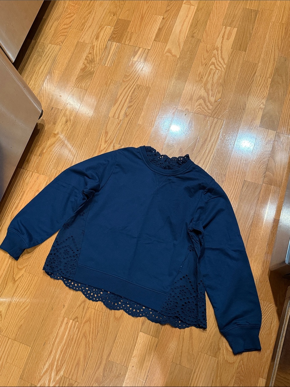 Time and Tru Navy Blue Scalloped Eyelet Sweatshirt